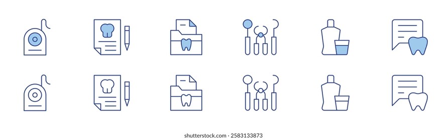 Dental icon set in two styles, Duotone and Thin Line style. Editable stroke. dentist, dental floss, dental insurance, mouthwash, documents, talk.