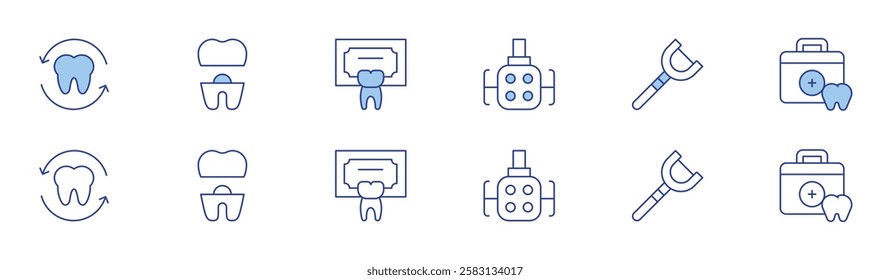 Dental icon set in two styles, Duotone and Thin Line style. Editable stroke. light, dental floss, dentist, tooth, dental crown.