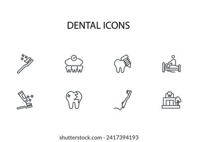 Juego de iconos dentales.vector.Curso editable.Signo de estilo lineal para usar diseño web,logotipo.Ilustración de símbolo.