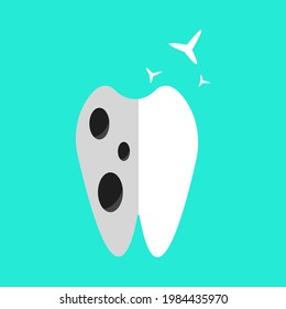 dental icon tooth after treatment, one half is darkened and covered with holes and the other is clean and sparkles