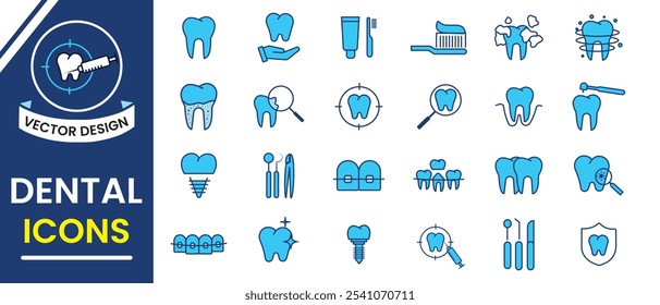 Icono dental, conjunto de Vector. Pasta de dientes, cepillo de dientes, dientes, tratamiento, limpieza, dentista. Iconos relacionados con la salud dental. Ilustración vectorial.