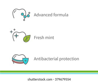 Dental icons. Advanced formula. Fresh mint. Antibacterial protection. Vector line illustration.