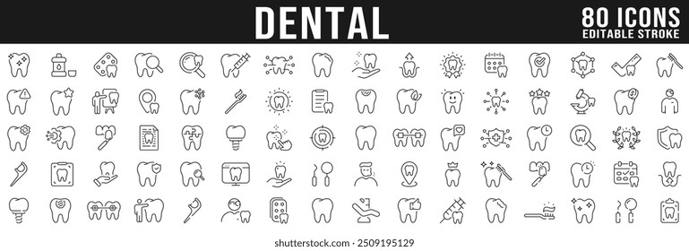 Conjunto grande de ícones dentários. Dente, proteger, saudável, sorriso brilhante etc. Traçado editável