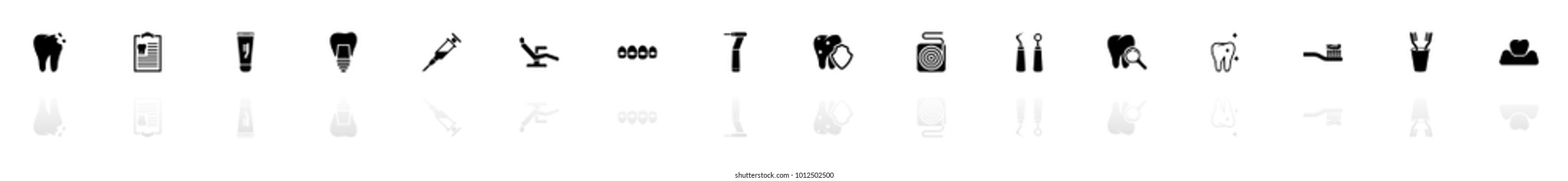 Dental icons - Black horizontal Illustration symbol on White Background with a mirror Shadow reflection. Flat Vector Icon.