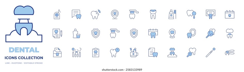 Dental icons collection. Line Duotone style, editable stroke. dentist, implant, dental, dental insurance, mouthwash, documents, clipboard, dental care, toothbrush, brush teeth.