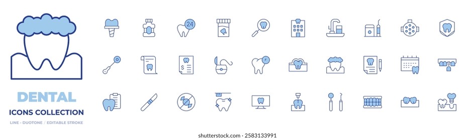 Dental icons collection. Line Duotone style, editable stroke. dental, diagnosis, x ray, mirror, scalpel, no sweets, medical invoice, toothbrush, dental floss.
