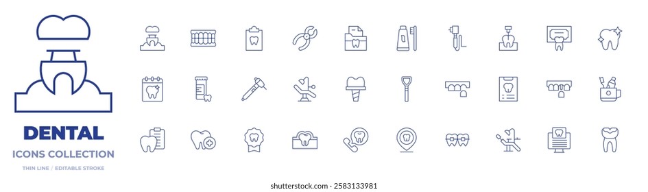 Dental icons collection. Thin Line icons, editable stroke. dental, dental drill, dental pliers, dentist chair, documents, implant, tongue cleaner, toothbrush, dentist, pills, teeth.