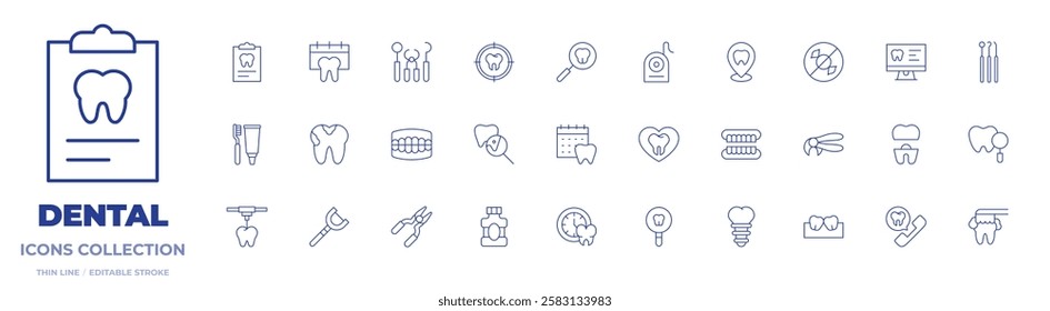 Dental icons collection. Thin Line icons, editable stroke. caries, clipboard, dental care, dentist, denture, target, tooth, appointment, dental checkup, dental floss.