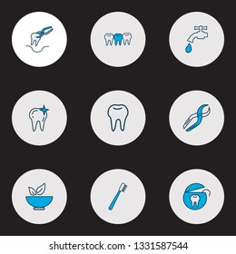 Dental icons colored line set with toothbrush, water crane, clean tooth and other denture elements. Isolated vector illustration dental icons.