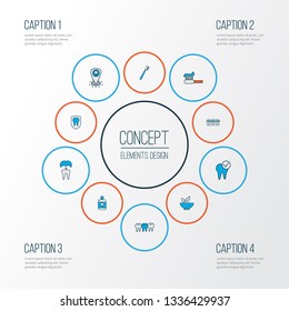 Dental icons colored line set with dental crown, dental care, teeth and other denture elements. Isolated vector illustration dental icons.
