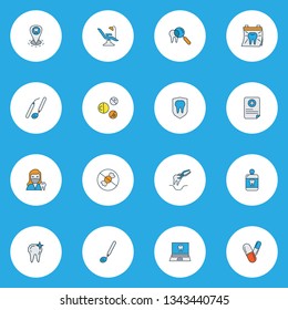 Dental icons colored line set with stomatology tool, vitamins, clean tooth and other file elements. Isolated vector illustration dental icons.