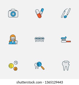 Dental icons colored line set with medicine, toothpaste, braces and other medicine elements. Isolated vector illustration dental icons.