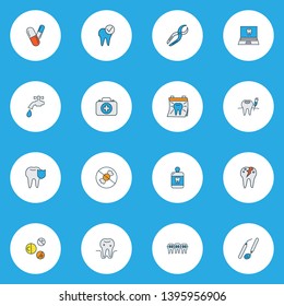 Dental icons colored line set with anesthesia, pills, dentist day and other dentition elements. Isolated vector illustration dental icons.