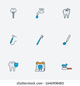 Dental icons colored line set with water crane, toothbrush, dentist day and other hygiene elements. Isolated vector illustration dental icons.