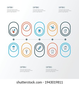 Dental icons colored line set with dental implant, hole in tooth, bad tooth and other hygiene elements. Isolated vector illustration dental icons.