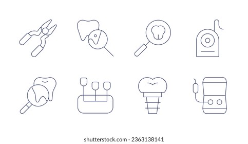 Dental icons. Editable stroke. Containing checkup, dental floss, dental implant, irrigator, forceps, magnifying glass, tooth, vita scale.