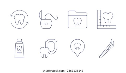 Dental icons. Editable stroke. Containing dental floss, dental insurance, folder, location, tooth, toothpaste, tweezers.