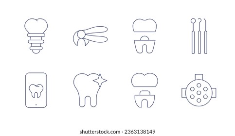 Dental icons. Editable stroke. Containing dental crown, hook, dental implant, light, implant, medical app, tooth pliers, whitening.