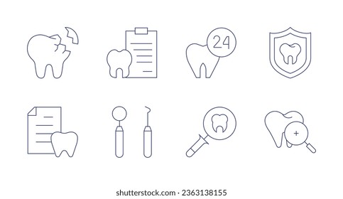 Dental icons. Editable stroke. Containing broken tooth, dental, dental report, dentist, dentist tools, prevention, search, tooth.