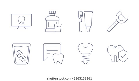 Dental icons. Editable stroke. Containing dental care, dental floss, implant, dental insurance,, denture, mouthwash, talk.