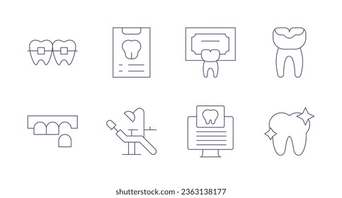 Dental icons. Editable stroke. Containing braces, dental, dental report, dentist, dentist chair, plaque, scan, tooth.