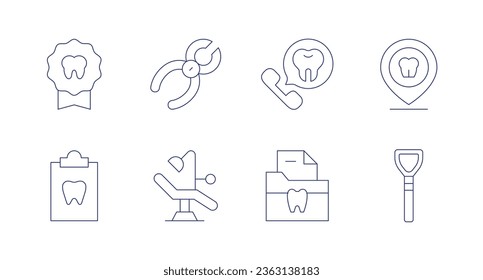 Dental icons. Editable stroke. Containing badge, dental, dental pliers, dentist, dentist chair, documents, placeholder, tongue cleaner.