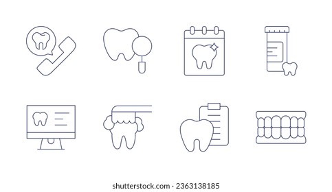 Dental icons. Editable stroke. Containing appointment, check up, computer, dental care, dentist, diagnosis, pills, teeth.