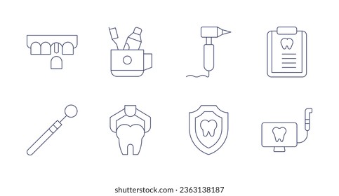 Dental icons. Editable stroke. Containing dental drill, dental insurance, file, implant, intraoral camera, mirror, removal, toothbrush.