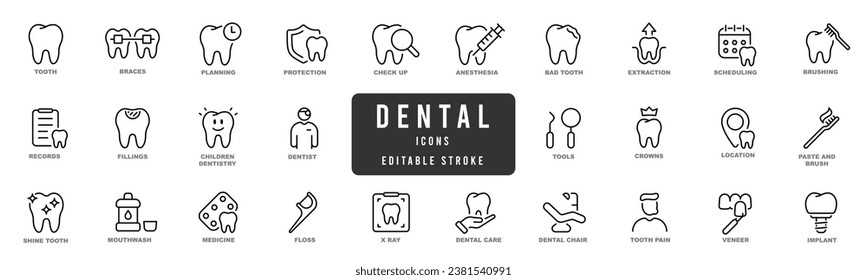 Dental icons editable stroke pictogram elements set. Tooth, dentist, implant etc. Editable stroke