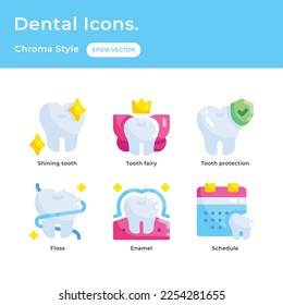 Dental icons flat color style with shining tooth, tooth fairy, tooth protection, floss, enamel, schedule