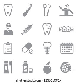 Dental Icons. Gray Flat Design. Vector Illustration. 