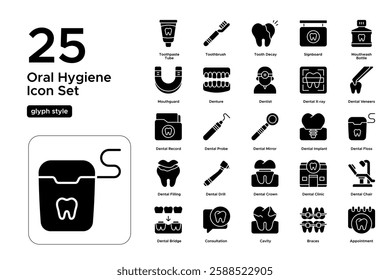 Dental Icons and Hygiene Routine. Dentist, Mouthwash, and Oral Protection. Vector Illustration. Glyph solid icon set