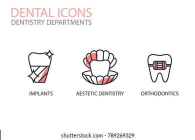 Dental icons. Implants, aesthetic dentistry and orthodontics, isolated on white. Dentistry departments  illustrations. Tooth logotype. Teeth care.