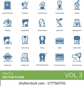 Dental icons including checklist, toothache, tooth removal, implant, scaling, polishing, good breath, suction device, drill, bleeding gum, halitosis, decay, plaque, mold, yellow teeth, cross section.