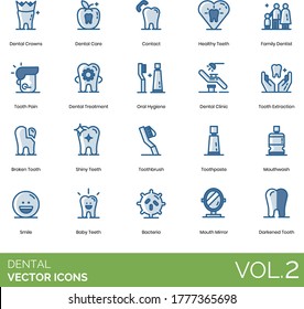 Dental icons including crown, care, contact, healthy, family dentist, pain, treatment, oral hygiene, clinic, extraction, broken, shiny, toothbrush, toothpaste, mouthwash, smile, baby teeth, bacteria.