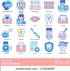 Dental icons including dentist appointment, orthodontic headgear, bridge, cast, therapist, pulpotomy, hygienist, smile, baby teeth, enamel, floss, whitening, electric toothbrush, patient, anesthesia.