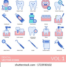 Iconos dentales como dentista, diente roto, dientes brillantes, cuidado oral, revisión, cepillo de dientes, pasta dentífrica, enjuague bucal, cepillos, descamación, pulido, implante, tratamiento ortodontico, relleno, canal raíz, boca