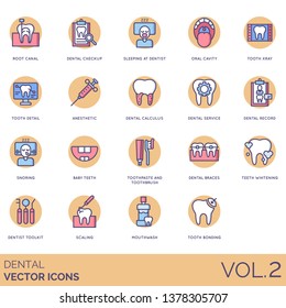 Dental icons including root canal, checkup, oral cavity, tooth xray, detail, anesthetic, calculus, record, snoring, baby teeth, toothpaste, toothbrush, braces, whitening, toolkit, scaling, mouthwash.