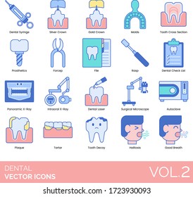 Dental icons including syringe, silver crown, gold, molds, tooth cross section, prosthetics, forceps, file, rasp, checklist, panoramic, intraoral x-ray, laser, surgical microscope, autoclave, plaque.