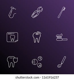 Dental icons line style set with carries defense, vitamins, drill and other tooth protection elements. Isolated vector illustration dental icons.