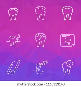 Dental icons line style set with cracked tooth, tooth extraction, tooth x-ray and other radiology elements. Isolated vector illustration dental icons.