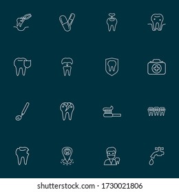 Dental icons line style set with dental mirror, pills, dental crown and other caries elements. Isolated vector illustration dental icons.