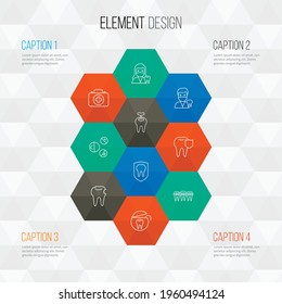 Dental icons line style set with medicine, dental fillings, carries defense and other dentition elements. Isolated vector illustration dental icons.