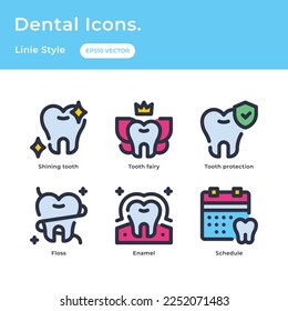 Dental icons linie style with shining tooth, tooth fairy, tooth protection, floss, enamel, schedule