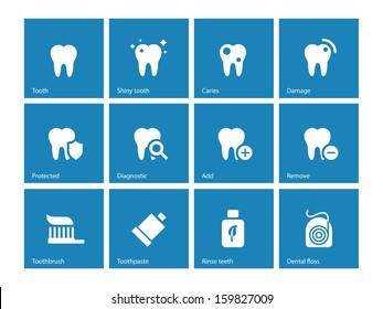 Dental icons on blue background. Vector illustration.