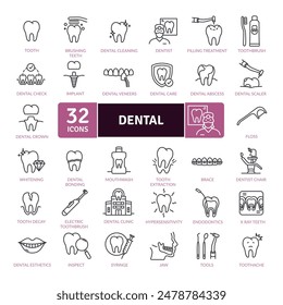 Paquete de iconos dentales. Tratamiento realizado por un odontólogo que incluye exámenes, empastes, coronas y extracciones