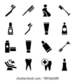 Dental icons. set of 16 editable filled dental icons such as cream tube, toothbrush