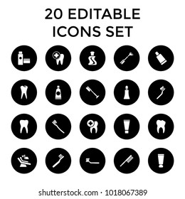 Dental icons. set of 20 editable filled dental icons such as cream tube, toothbrush, tooth. best quality dental elements in trendy style.