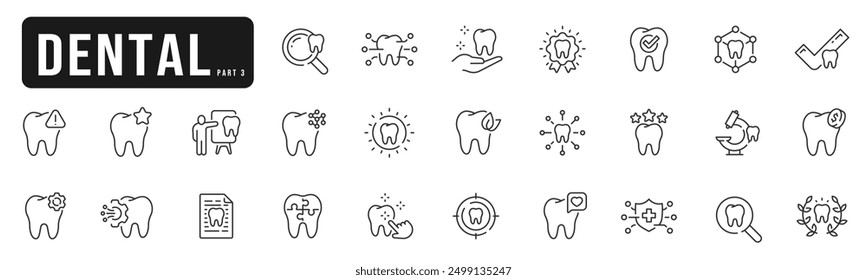 Dental icons set 3. Tooth, protect, healthy, shiny smile etc. Editable stroke