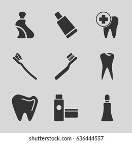Dental icons set. set of 9 dental filled icons such as cream tube, toothbrush, tooth, tooth brush